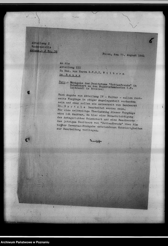 Obraz 10 z jednostki "Rückgabe des Besitztums "Gottesfreude" in Schmäkert an den Superintendenten i.R. Leibrandt in Breslau."