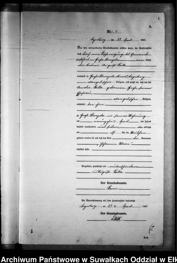 image.from.unit.number "[Geburts-Neben-Register des Preussischen Standes-Amtes Gr. Strengeln Kreis Angerburg]"