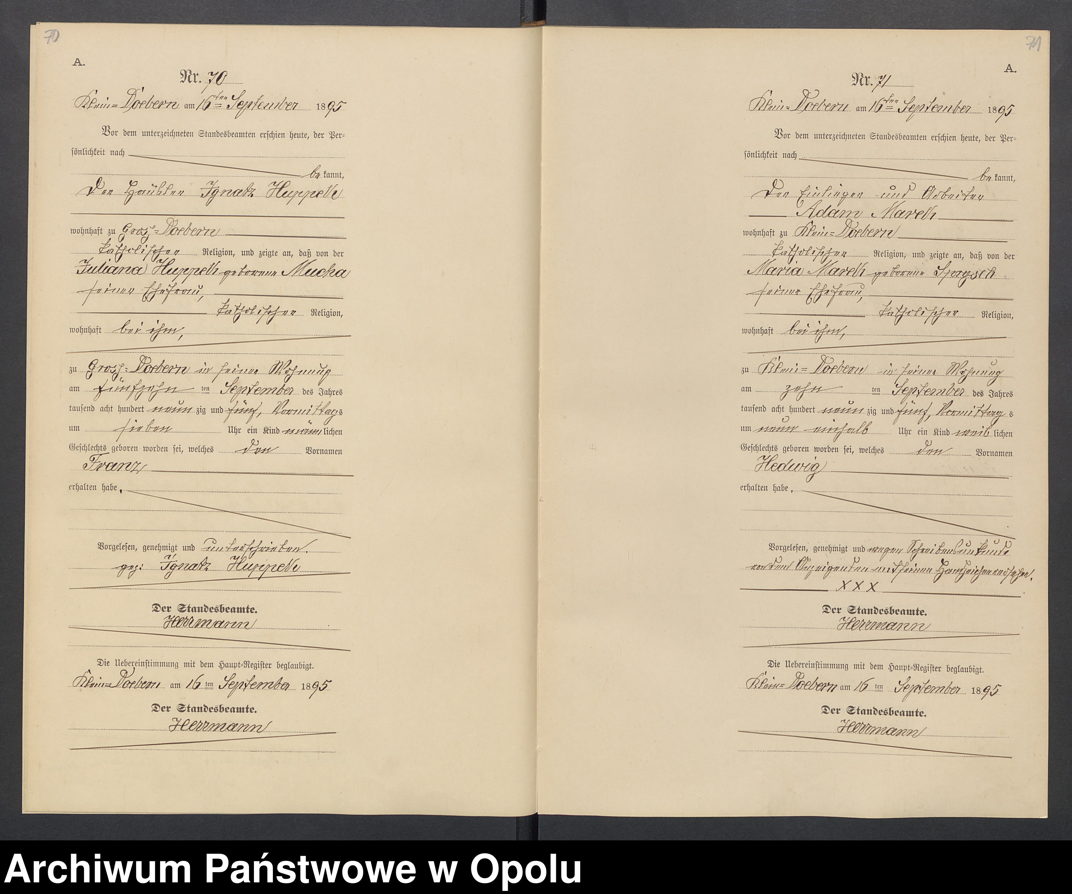 Skan z jednostki: Księga Aktów Urodzeń Dobrzeń Wielki (Wtóropis) Rok 1895