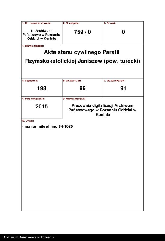 Obraz 1 z jednostki "Księga akt urodzeń, małżeństw, zgonów Parafii Rzymsko-Katolickiej w Janiszewie [za] 1911 rok"