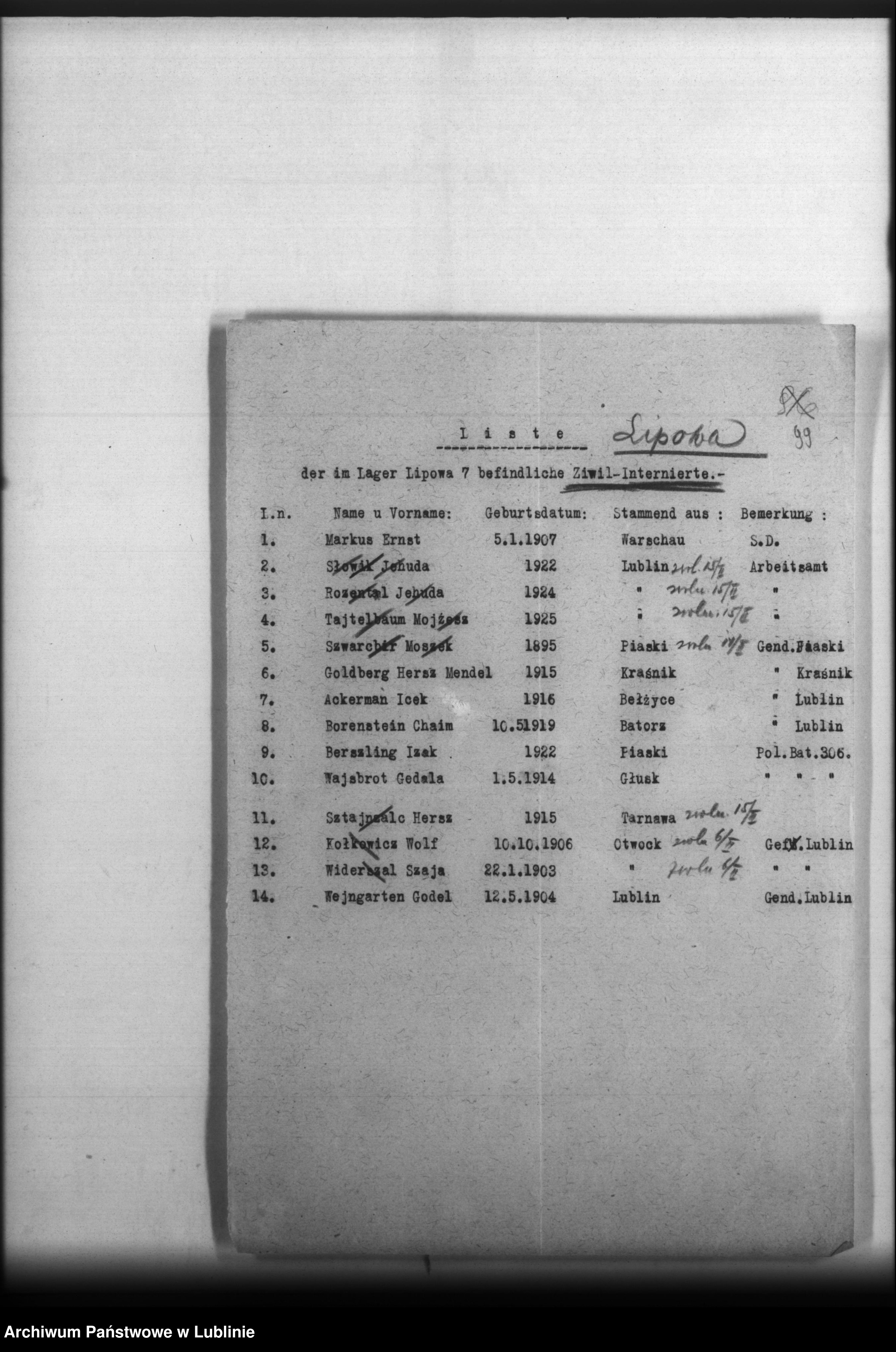 Skan z jednostki: [Wydział Obozu Miejscowego- (obóz pracy przy ul. Lipowej 7 w Lublinie) sprawy finansowe, wykazy sprowadzonych i zwolnionych z obozu, zatrudnionych tam rzemieślników i in.]