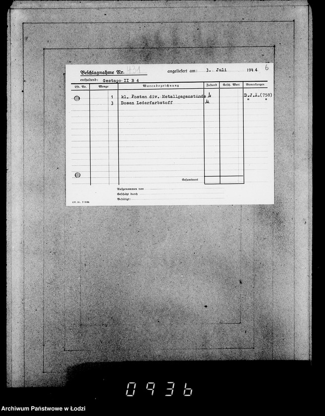 Obraz 10 z jednostki "Gestapo Kulmhof Leslau 400-436 [Kartoteka skonfiskowanego majątku ruchomego u Żydów]"