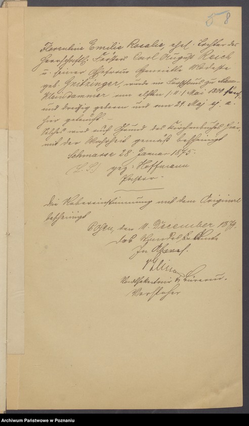 Obraz 10 z jednostki "Die von den Verlobten beigebrachten Urkunden zur Eheschliessung pro 1875"