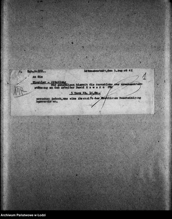 Obraz 4 z jednostki "Tischler-Abteilung [Zasiłki chorobowe dla pracowników wydziału, listy pracowników, zaświadczenia lekarskie]"
