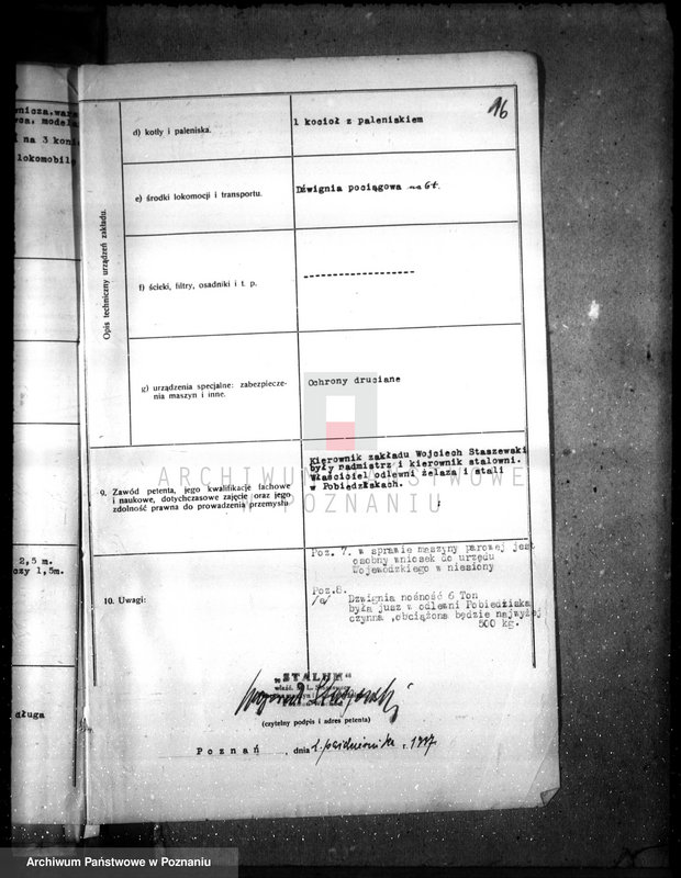 Obraz 20 z jednostki "Zatwierdzenie projektu budowy i urządzenia zakładu przemysłowego nr rej 1503 /odlewy żeliwne lano-kute i budowa maszyn przemysłowych/ Poznań ul. Wrzesińska/ Oraz Fabryka maszyn firmy „Stalum""