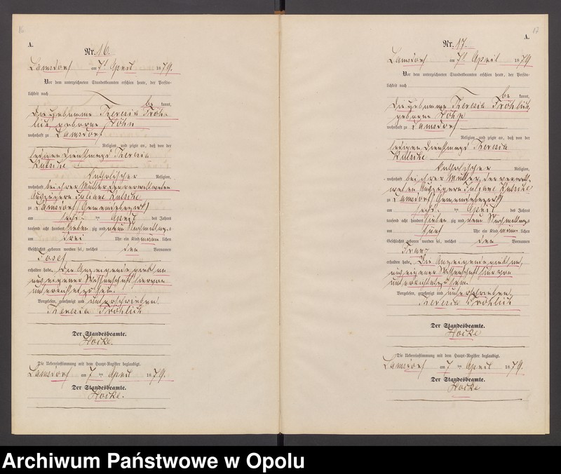 image.from.unit.number "Geburts-Neben-Register des Standesamts Lamsdorf No 15 pro 1879"