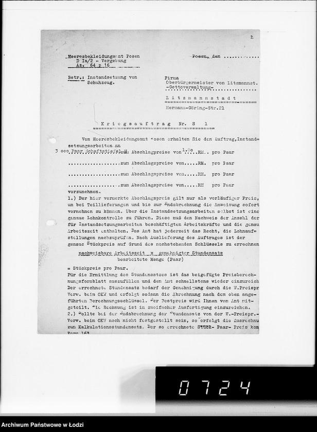 Obraz 6 z jednostki "Heeresbekleidungsamt Posen.Kriegsauftrag s.1/2"