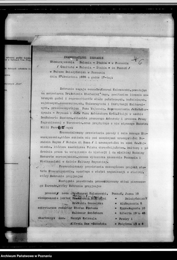 Obraz 10 z jednostki "Stowarzyszenie "Polonia- Italia" w Poznaniu: a/ dokumenty dotyczące założenia Towarzystwa /statut i inne/, b/ sprawozdania roczne z działalności i protokoły zebrań, c/ korespondencja różna, d/ listy członków, e/ druki, afisze"