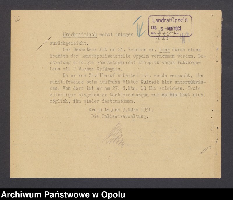 Obraz 20 z jednostki "[Zezwolenie na pobyt - dezerter Johann Kowalczyk, ur. 4. 08. 1908 w Oświęcimiu]"