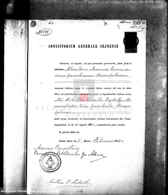 image.from.unit.number "Dokumenty brakosočetavšichsja Sejnskago Rimsko-Katoličeskago Prichoda za 1898 god."