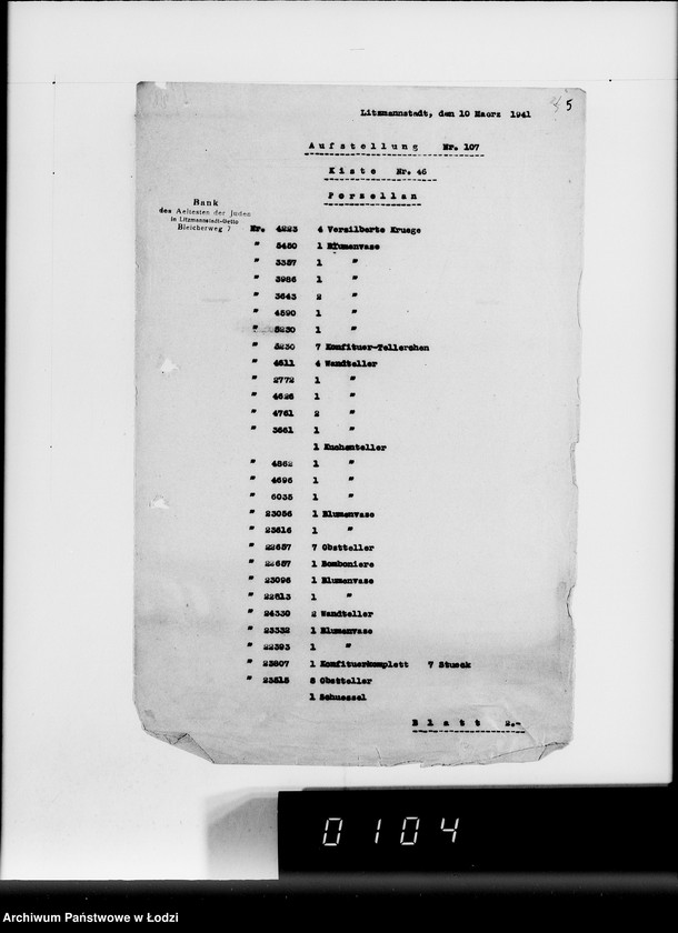 Obraz 9 z jednostki "Anlieferung des Judenältesten Silber [Zestawienia skonfiskowanych w Getcie kosztowności]"
