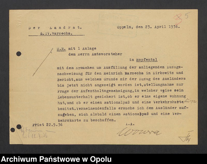 Obraz 7 z jednostki "[Zezwolenie na pobyt - Heinrich Warzecha, ur. 13. 07. 1906 Kudoba pow. oleski]"