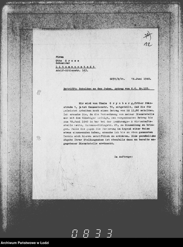 Obraz 16 z jednostki "J.121-135 [Wnioski Żydów w Getcie o zwrot długów za wzięty na kredyt towar przez kupujących]"