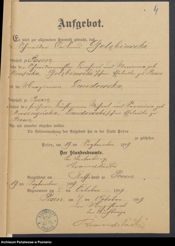 Obraz 6 z jednostki "Die von den Verlobten beigebrachten Urkunden zur Eheschliessung pro 1899"