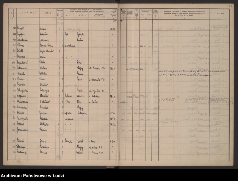 Obraz 16 z jednostki "Księga kontroli ruchu ludności (rejestr osób przybywających do gminy) Łódź, komisariat XIII, nr 1-1997, nr 1-1575, nr 1-779"