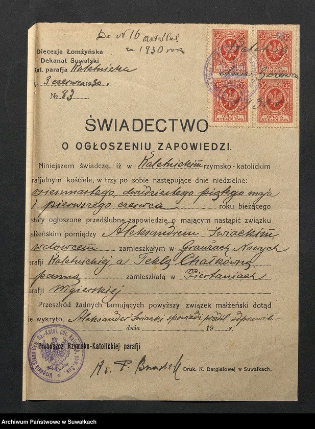Obraz 17 z jednostki "Aneksa Aktów Ślubnych Rz-Katolickiej par. Wigierskiej za 1930 rok"