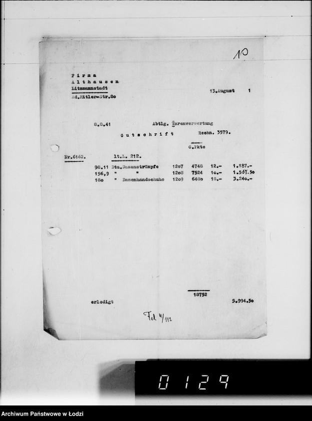 Obraz 14 z jednostki "Ausgehende Rechnungen [za dostawy towarów dla Getta]"