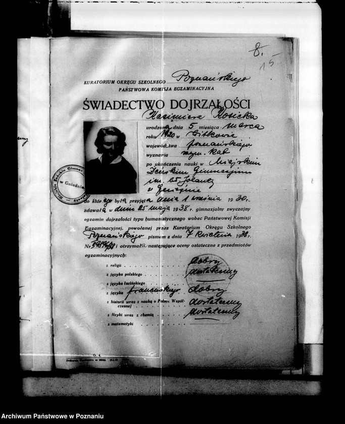 Obraz 19 z jednostki "Miejskie Gimnazjum Żeńskie imienia Błogosławionej Jolanty- Gniezno- [w tym protokoły egzaminów dojrzałości i świadectwa dojrzałości z 1938 roku]"
