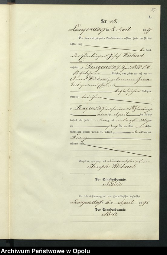 Obraz 19 z jednostki "Geburts-Neben-Register des Standesamts Langendorf pro 1891"