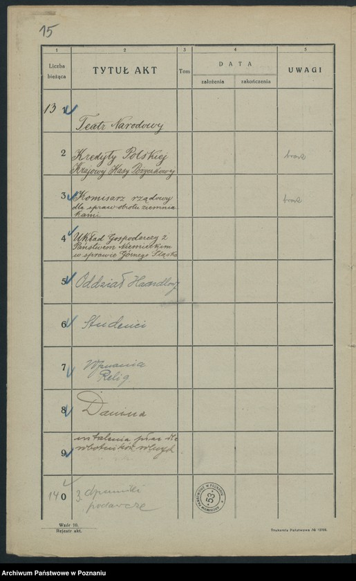 Obraz 11 z jednostki "Sekretarjat P V Wice-Minister Dr Wachowiak. Rejestr akt"