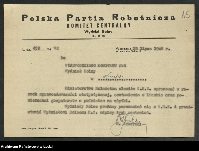 Obraz 16 z jednostki "Korespondencja [Wydziału z Wydziałem Rolnym] Komitetu Centralnego"