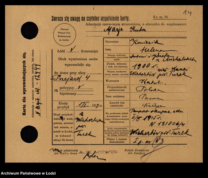 Obraz 16 z jednostki "[Spis ludności Łodzi] Kmiecik - Knittel"