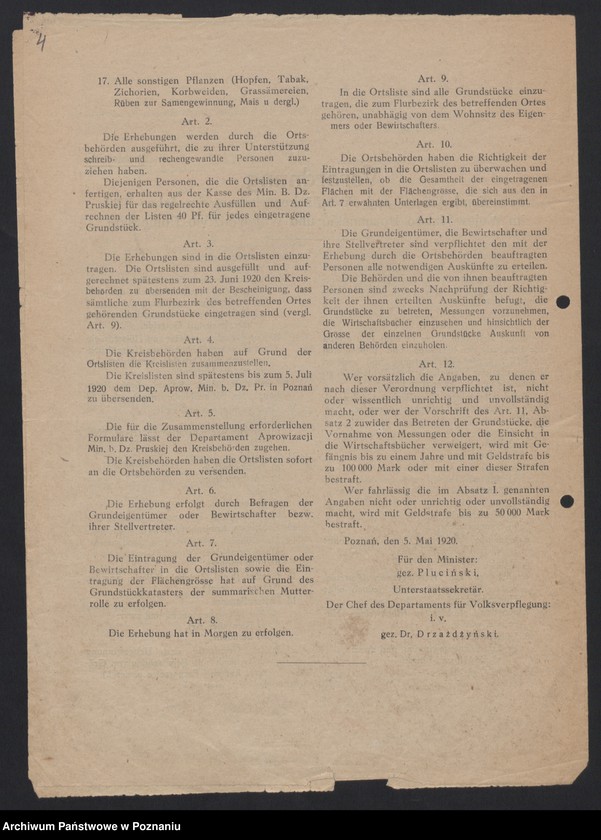 Obraz 5 z jednostki "[Wyniki oszacowania plonów roślin okopowych w Księstwie Poznańskim w roku 1919] i Rozporządzenie dotyczące stwierdzenia powierzchni zasiewów w roku 1920"