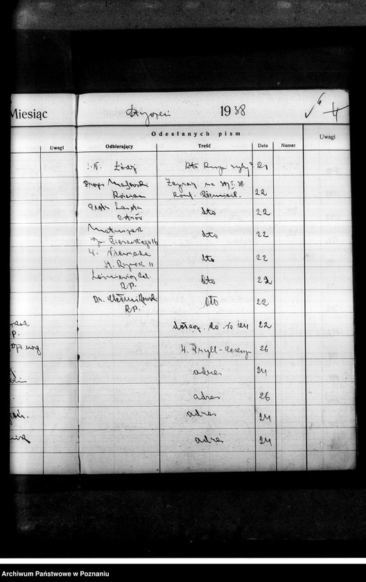 Obraz 10 z jednostki "Rejestr nadchodzących i wysyłanych pism przez Stronnictwo Narodowe i Obóz Wszechpolski"