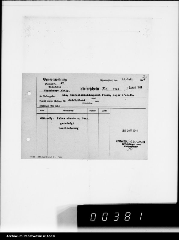Obraz 6 z jednostki "[Dowody dostawy odzieży dla intendentury wojskowej w Poznaniu] Heeresbekleidungsamt Posen"