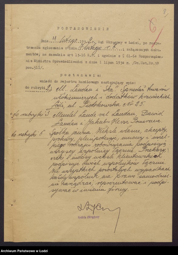 Obraz 10 z jednostki "Mendel Lande vel Landau, Dawid Landau – jakub – Hersz Pomeranc – sprzedaż towarów włokienniczych i dodatków krawieckich"