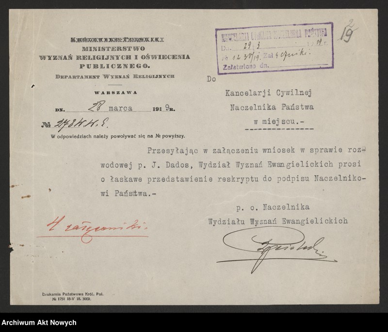image.from.unit.number "Skrócenie 10 miesięcznego terminu zakazu wstąpienia w ponowne związki małżeńskie. Reskrypty Naczelnika Państwa, wnioski, korespondencja z Min. Wyznań Religijnych i Oświecenia Publicznego"