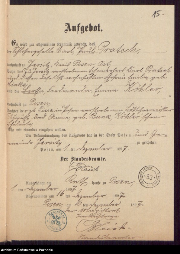 Obraz 17 z jednostki "Die von den Verlobten beigebrachten Urkunden zur Eheschliessung pro 1897"