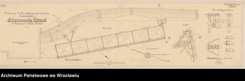 image.from.unit.number "Verbesserung der Oderschiffahrtstraße bei Breslau. Breitenbachfahrt. Schwimmendes Leitwerk im Unterwasser der Schleuse Bartheln"