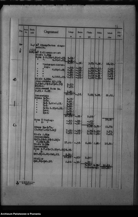 Obraz 20 z jednostki "Dienstwohngebäude - Reichsstatthalter Posen. Wirtschaftsgebäude 1 - 4 (nad jeziorem Góreckim) Massenberechnung"