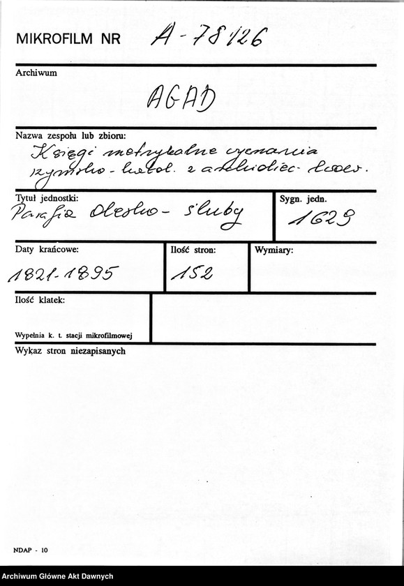 image.from.unit.number "Parafia: Olesko. Dekanat: Brody. Księga metrykalna ślubów dla wsi: Podhorce*, Zahorce*, Chwatów*."