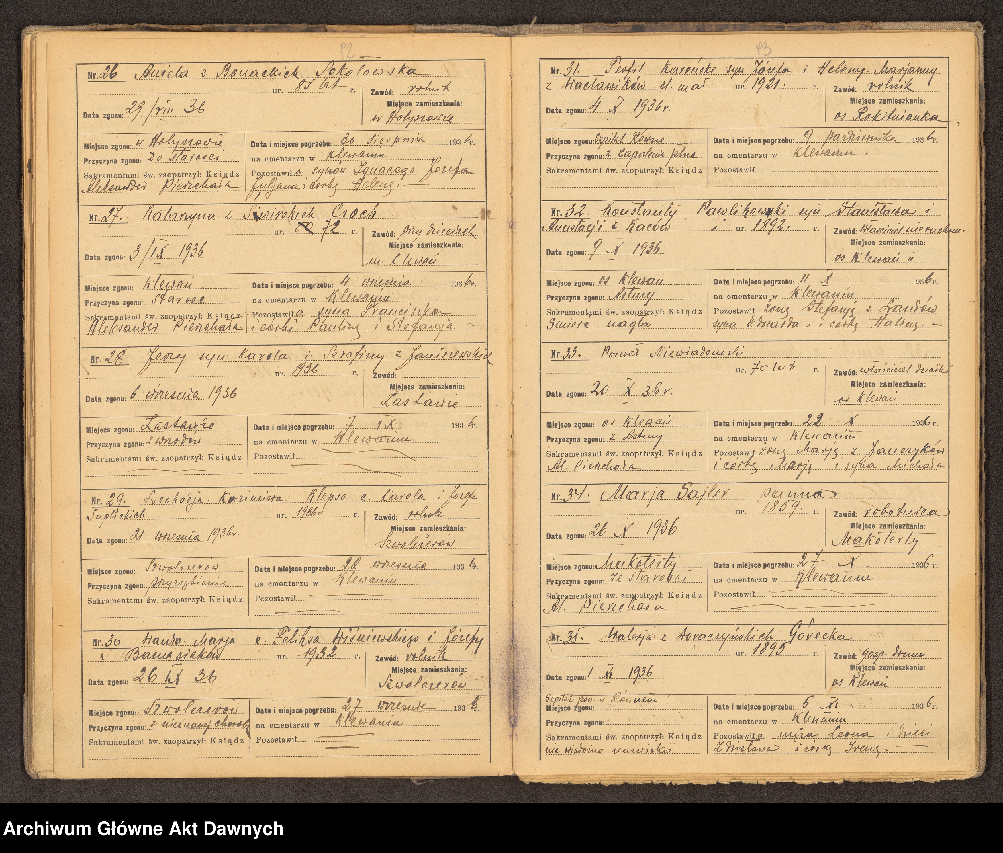 Skan z jednostki: Parafia: Klewań. Dekanat: Równe. Raptularz chrztów i zgonów w parafii.