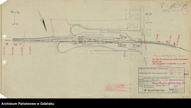 image.from.unit.number "Reichsbahn Direktion Danzig. Deutsche Reichsbahn. Strecke: Seinskau - Neumark (Wpr.). BA: Straßburg. Bahnhof Neumark (Wpr.) Süd"