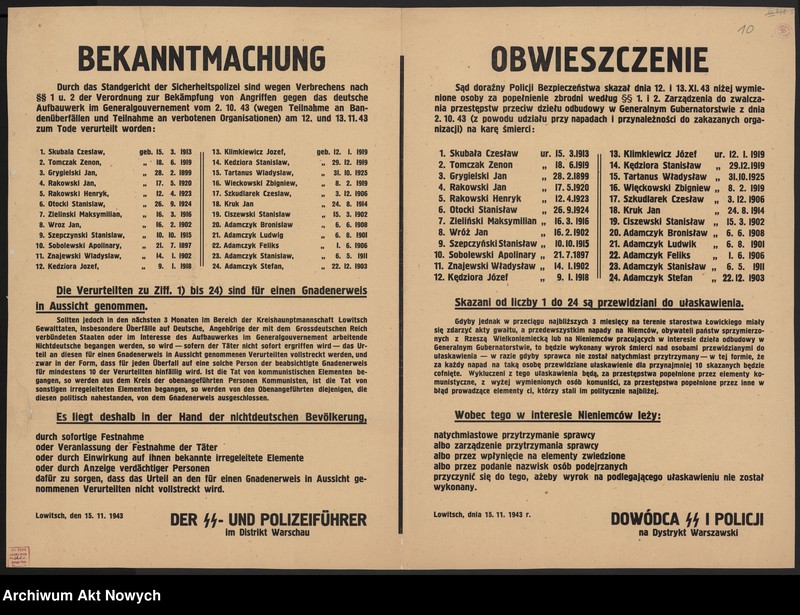 Obraz 13 z jednostki "Obwieszczenia dowództwa SS dotyczące osób skazanych na śmierć i rozstrzelanych w Warszawie."