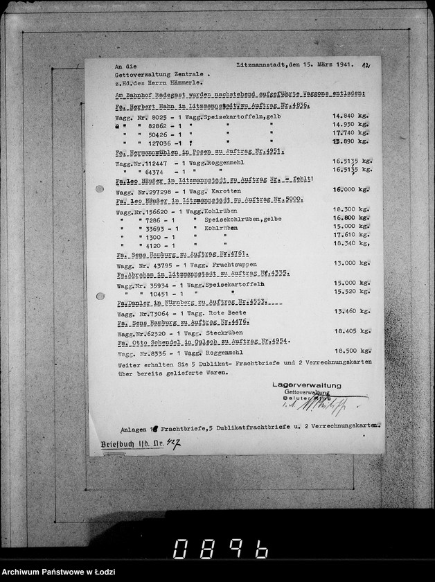 Obraz 16 z jednostki "Ablage [Korespondencja dostawców do Getta dot.wagonowych przesyłek produktów żywnościowych, opału do stacji Radogoszcz]"