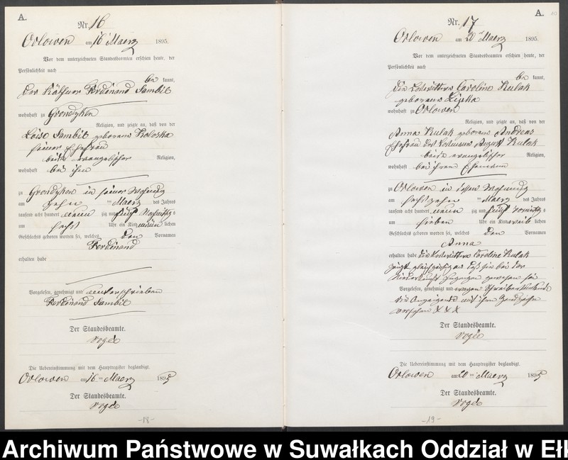 image.from.unit.number "Geburts-Neben-Register des Preussischen Standes-Amtes Orlowen Kreis Loetzen für das Jahr 1895"