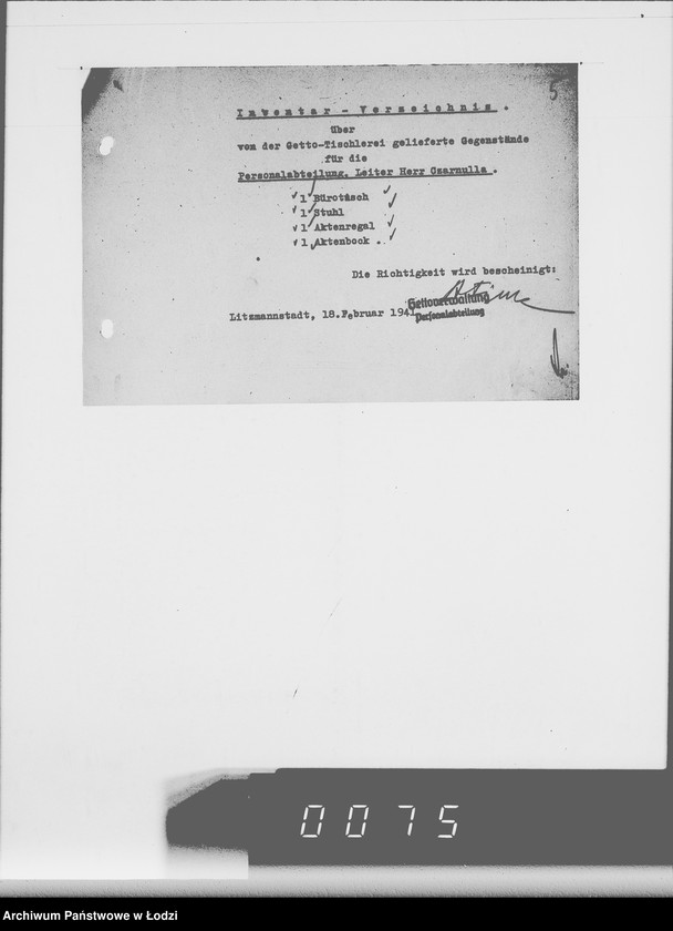 Obraz 9 z jednostki "[Zaświadczenia o zatrudnieniu i wykazy wydanych mebli biurowych dla oddziału osobowego]"