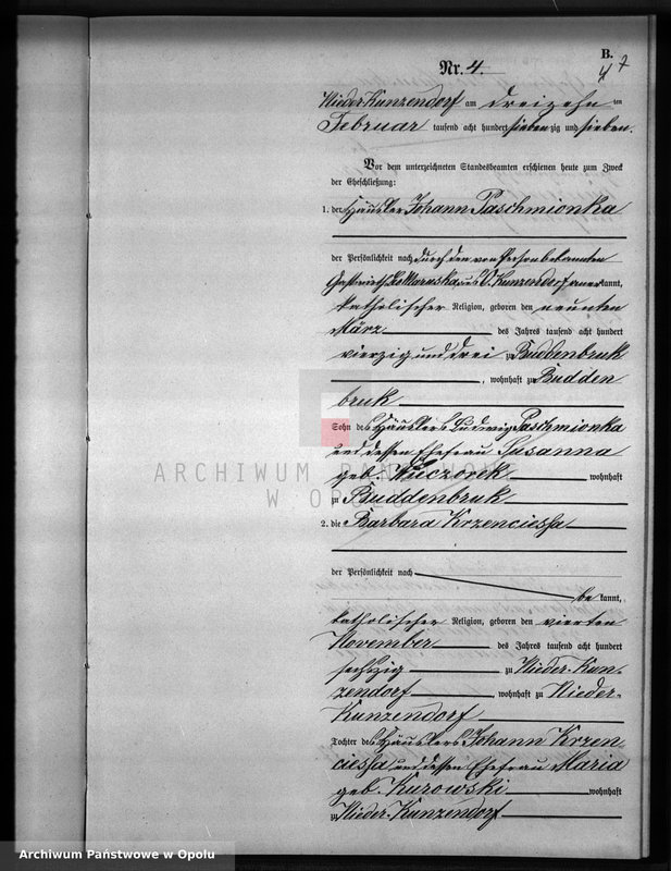Obraz 11 z jednostki "Heiraths-Neben-Register Standesamts Kunzendorf pro 1877"