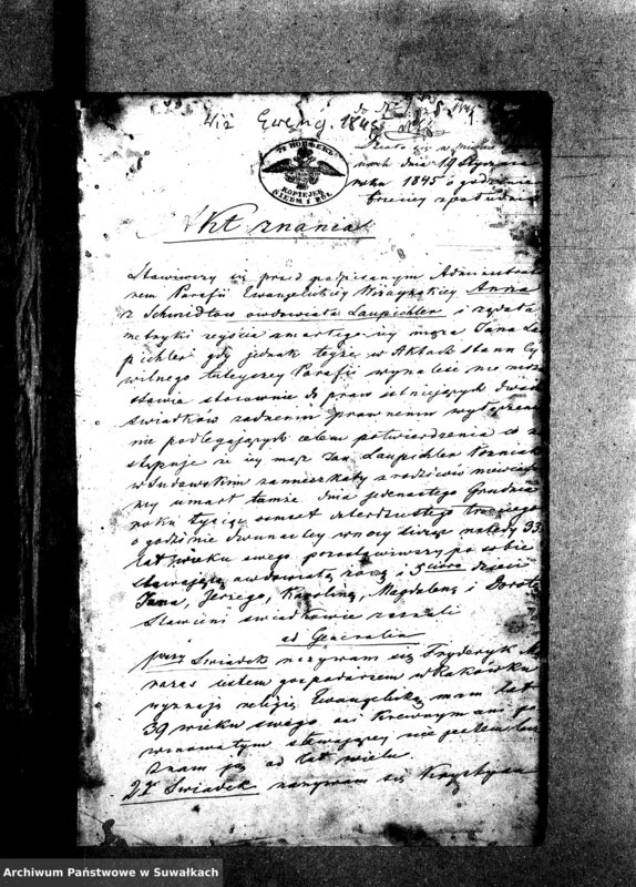 image.from.unit.number "Dowody do Aktów Małżeństw Parafii Ewangelickiej Wiżajńskiej za rok 1845"