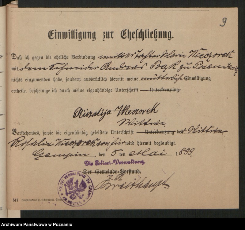 Obraz 11 z jednostki "Die von den Verlobten beigebrachten Urkunden zur Eheschliessung pro 1899"