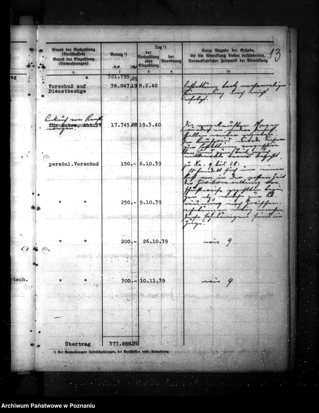 Obraz 17 z jednostki "Reguerungsoberkasse in Posen- Vorschüsse und Verwahrungen aus 1939/ 1940"