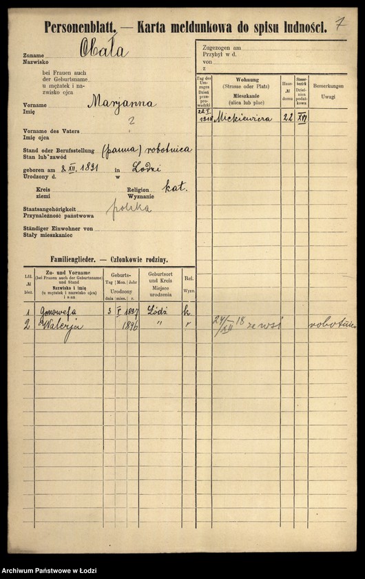 Obraz 9 z jednostki "[Spis ludności Łodzi] Obalska-Ochocki"