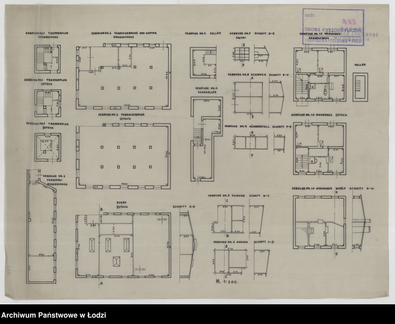 Obraz 1 z jednostki "Rzuty i przekroje poprzeczne budynków przemysłowych i mieszkalnych przy Schlageterstrasse 205"