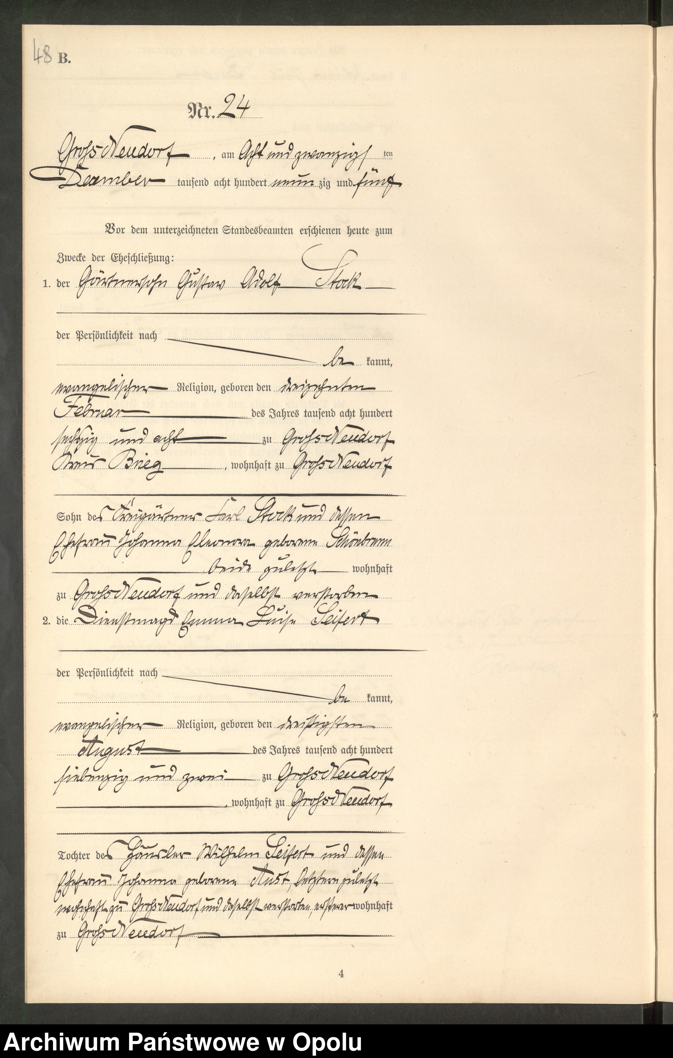 Skan z jednostki: Heiraths-Neben-Register Standes-Amt Gross Neudorf 1895