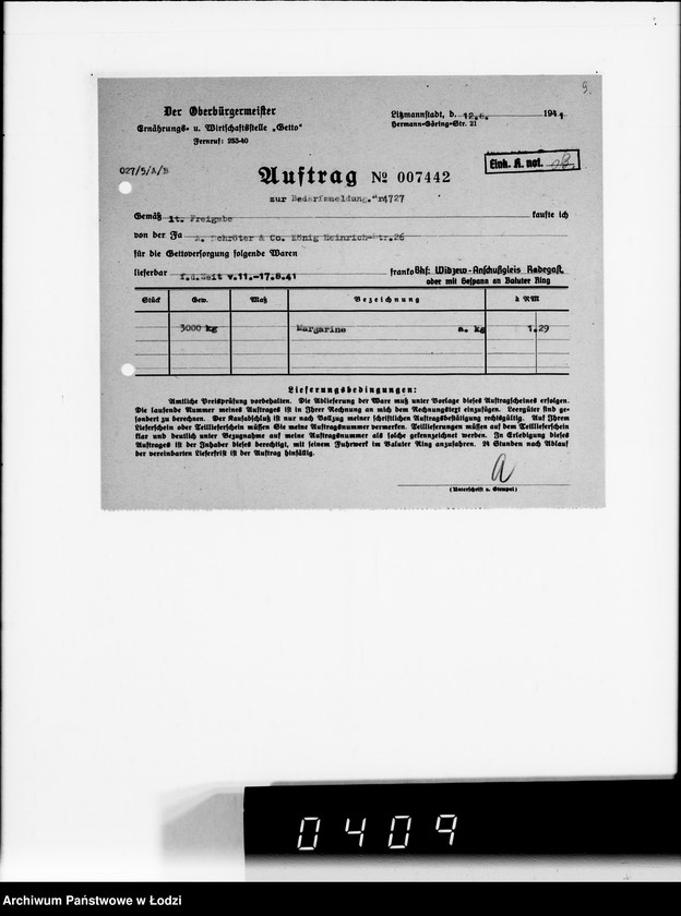 Obraz 13 z jednostki "[Upoważnienia do odbioru produktów żywnościowych i innych materiałów dostarczanych dla Getta] Auftragskopien"