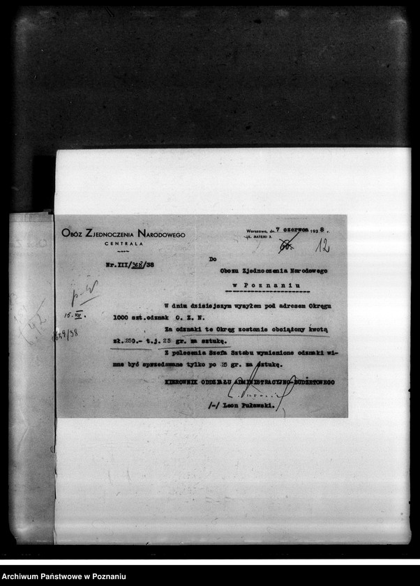 Obraz 15 z jednostki "Materiały programowe Obozu Zjednoczenia Narodowego - odezwy, korespondencja w sprawach organizacyjnych i personalnych"